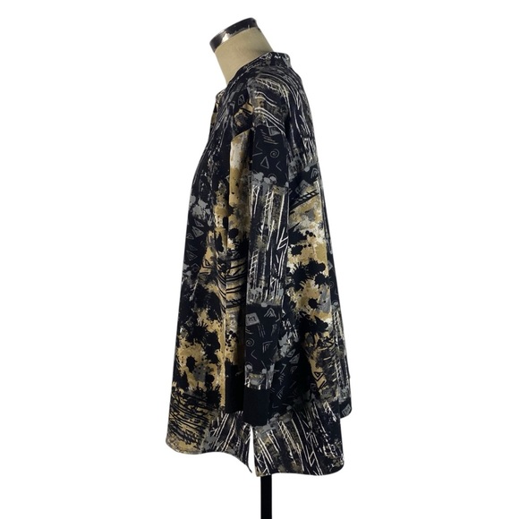 Ali Miles 3/4 Sleeve Button Front Swing Tunic Top 2X Black Beige Mixed Print - Picture 3 of 8